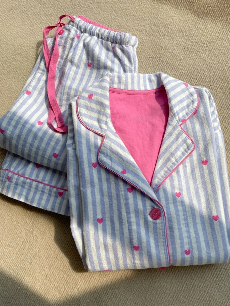 Sweet Oversize Cardigan Long Sleeve Heart Print Sleepwear Set Comfortable Skin-friendly Home Clothes for Young Women