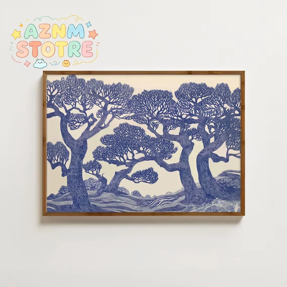 Vintage Oak Tree Print Linocut Forest Wall Art Blue Woodland Landscape Painting Botanical DCoffee Poster Unique Funny Animal