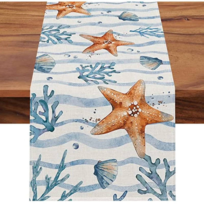 Summer Starfish Conch Coral Table Runner Coastal Ocean Waves Stripes Kitchen Table Decoration Home Decor Indoor Party Supplies