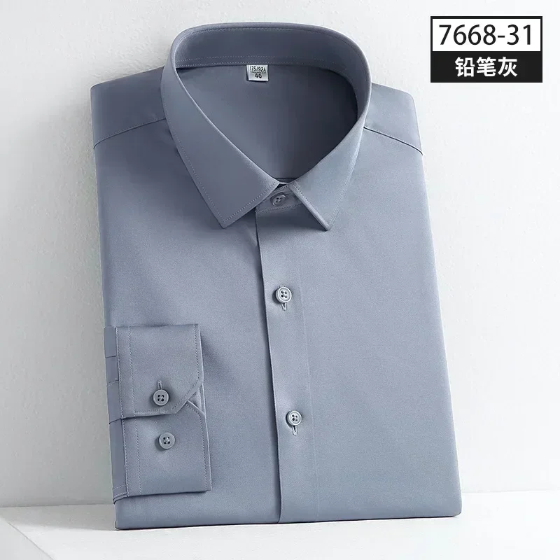 Men\'s green shirt quality long sleeved solid color business professional elastic wrinkle resistant silk smooth formal shirt