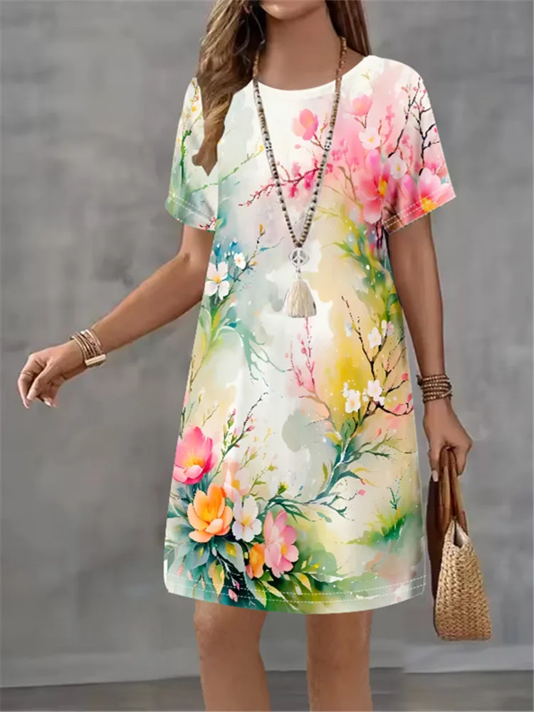 Women's Summer Flower Printed Short Sleeve Round Neck Dress 2025 Fashion New Style Design Sense Elegant Women's Mini Dress