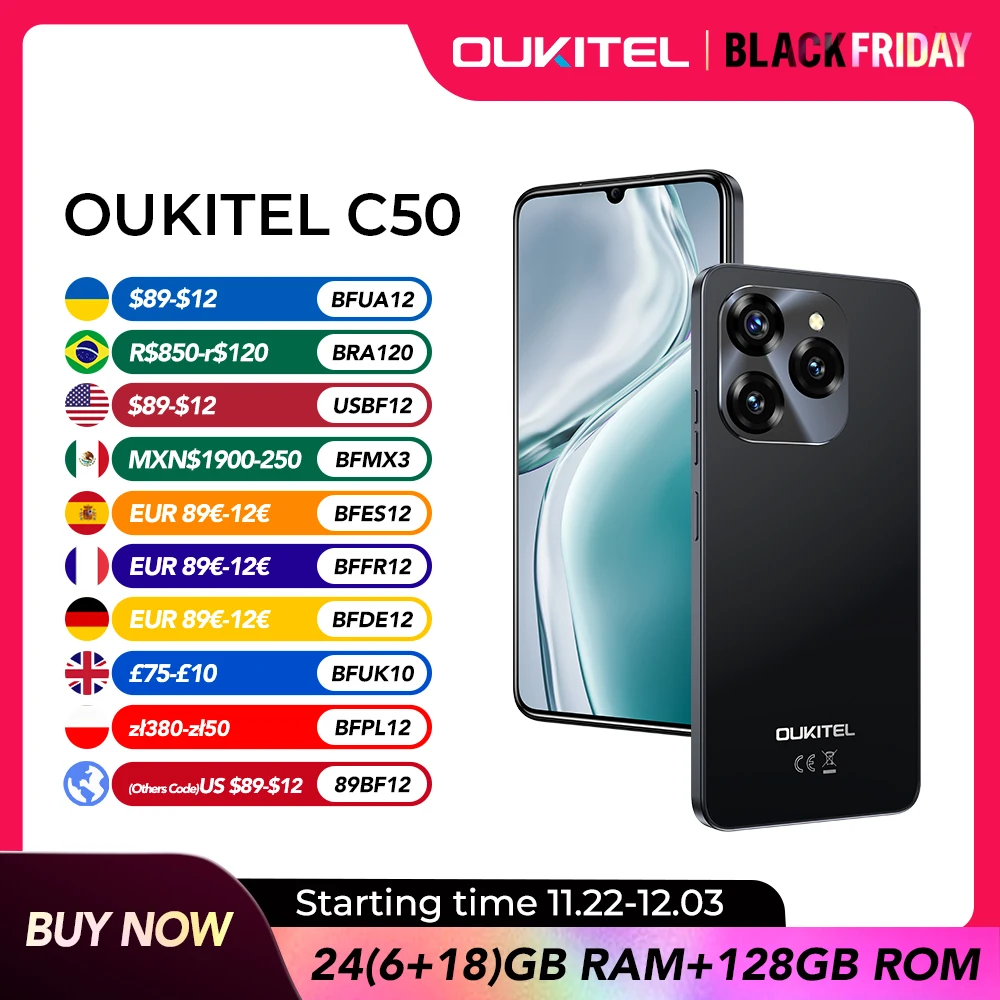 Oukitel C50 5G Smartphone 6.8“ HD+Water drop screen 5150mAh 24GB+128GB Mobile Phone 50 MP Cell Phone