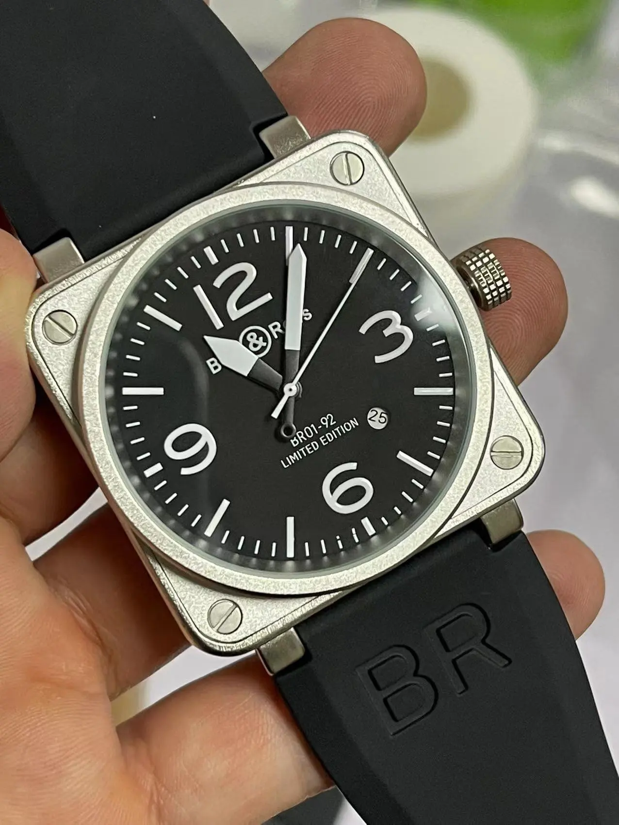 46 mm automatische mechanische Herrenuhr mit Glocke, braunes Leder, schwarzes Ross-Gummi