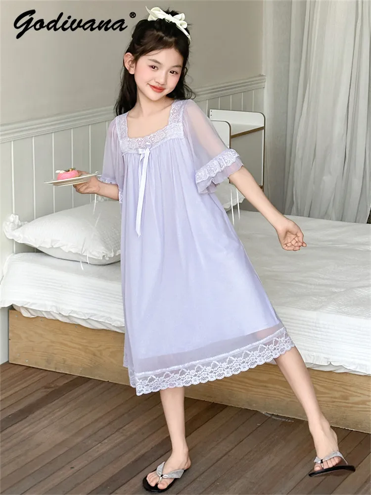 Little Girls Princess Court Nightgown 2026 New Spring and Summer Kids Short Sleeve Lace Embroidery Mesh Modal Family Sleepwear
