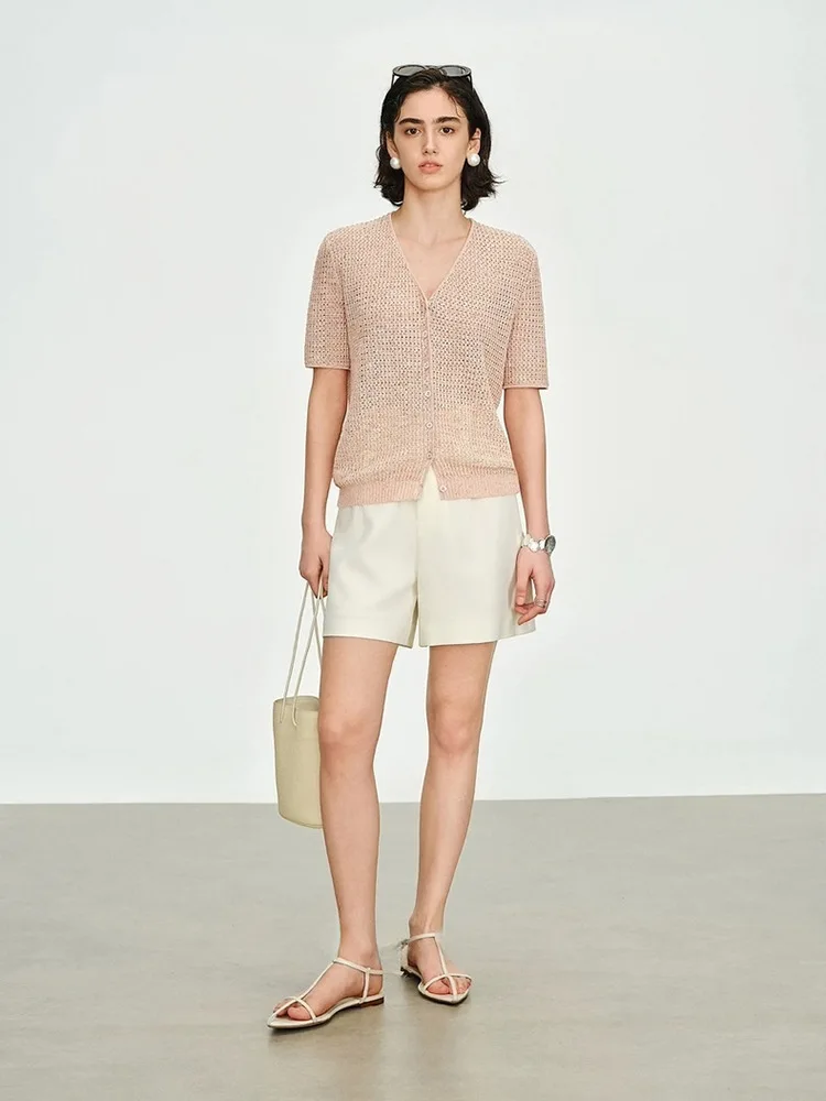 2025 Summer New! Women's Color - changing Feather - scale Shirt, Compo - leine Linen Sequin Loose V - neck Short - sleeve Knit C