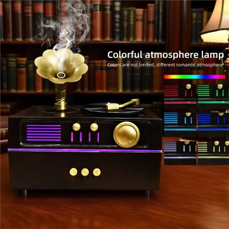 AA08-Retro 3 In 1 Rotating Gramophone Aroma Diffuser Humidifier Aroma Disperser With Bluetooth Speaker For Home Office Decor A