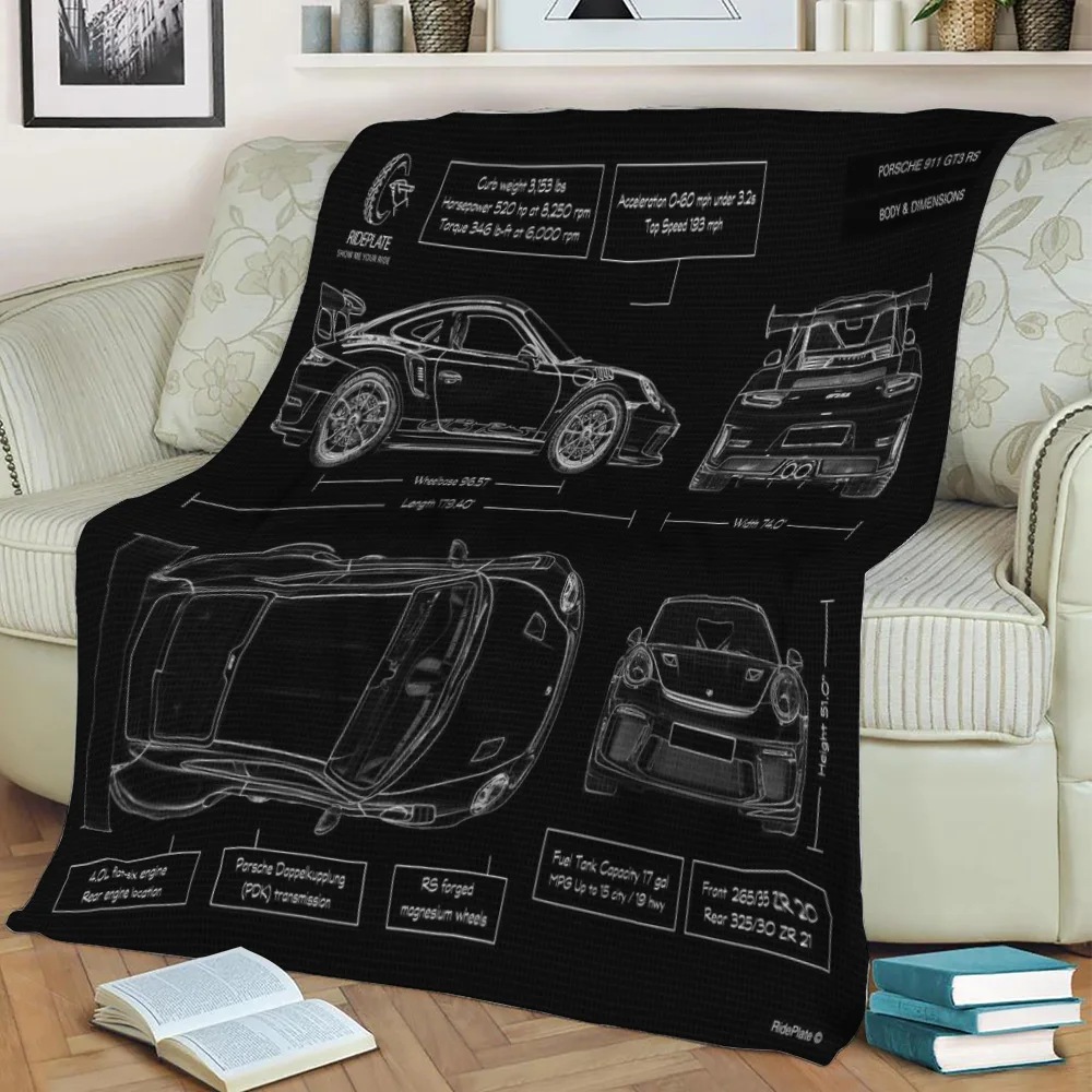 Porsche 911 GT3 Blueprint Custom Personalized 3D Printed Coral Fleece Fabric Soft Plush Fleece Blanket As Gift For Kids