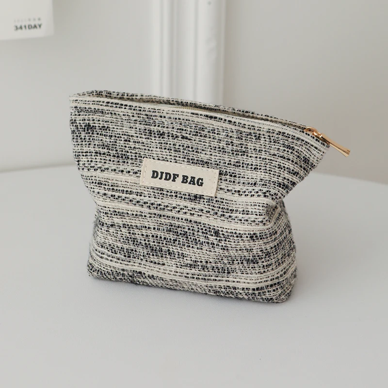 DJDF Black & White Line Women's Small Makeup Bag Canvas Zipper Portable Sanitary Napkin Storage Bag Simple Carry-On Coin Purse