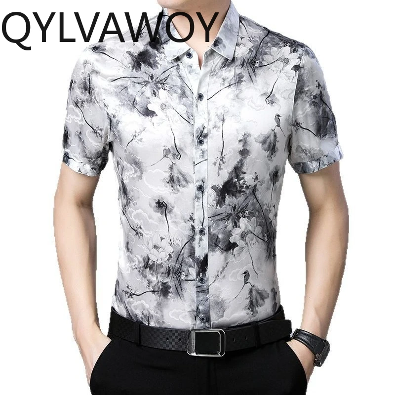

QYLVAWOY Летние мужские рубашки из 92,5% натурального шелка тутового шелкопряда, с коротким рукавом, в стиле Ink Wash, модная повседневная одежда для мужчин