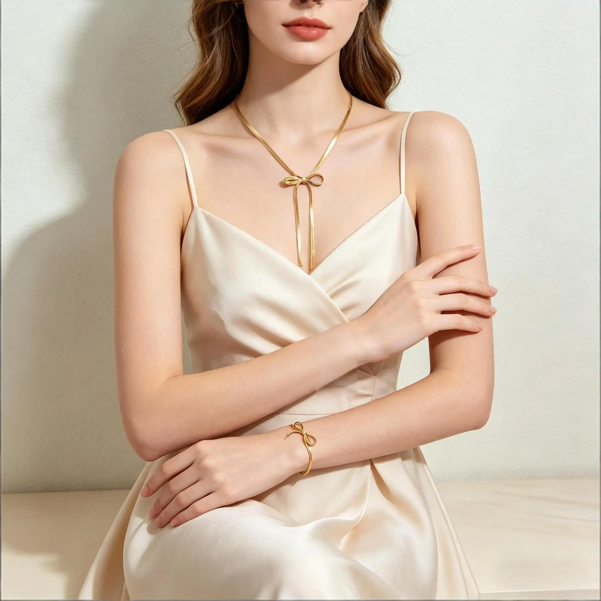 European and American cross-border necklace women's stainless steel high-end bow versatile simple niche 18K gold bracelet set