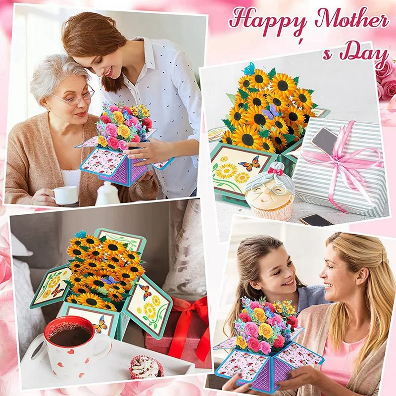 2 Pcs Sunflower Flower -Up Card For Mother's Day 3D Bouquet Envelope For Mothers Day Mom Gifts