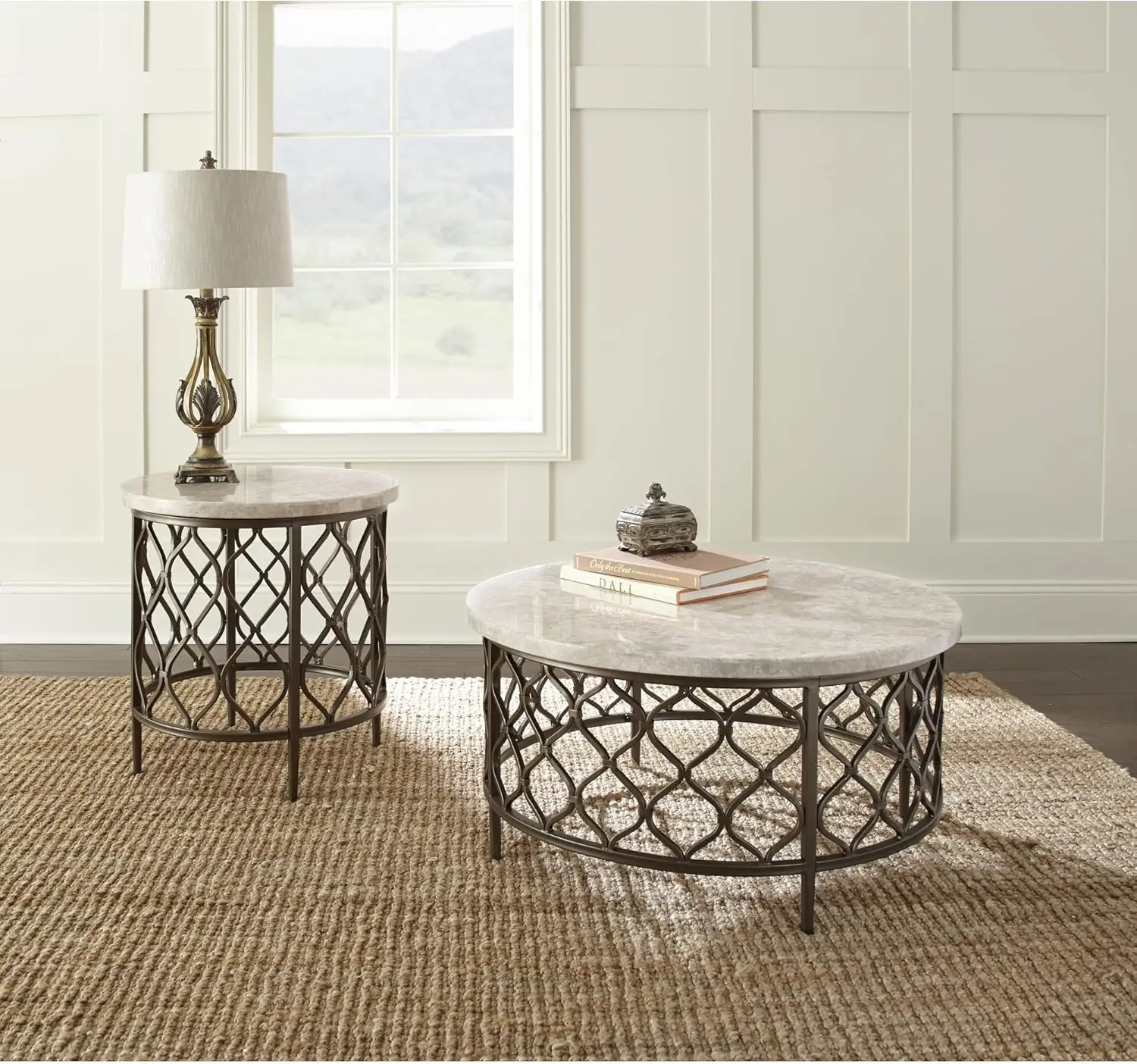 Roland White MarbleTop Cocktail Table Round Stone Bronze Metal Base Frame Coffee Modern Living Room