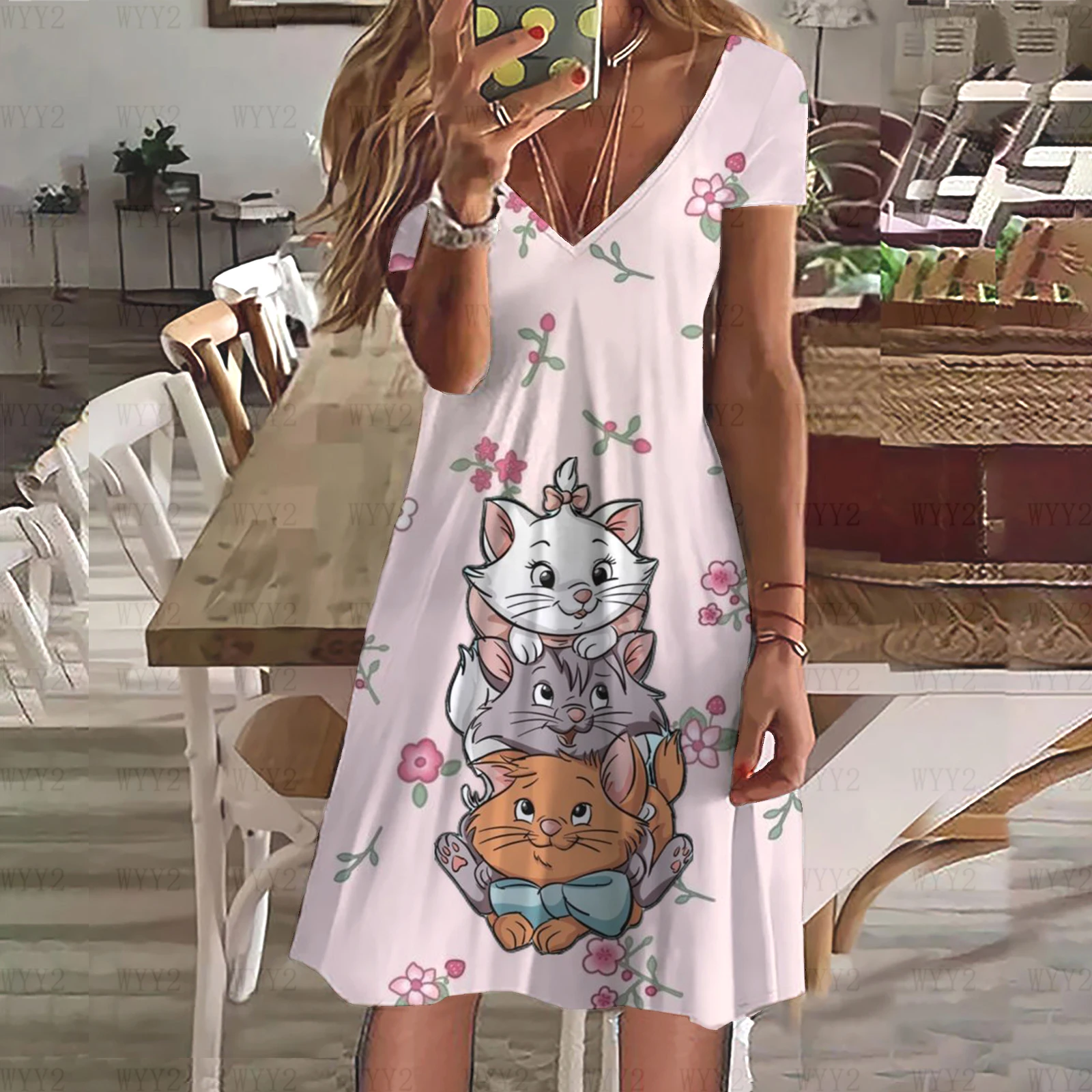 แฟชั่นฤดูร้อนสาวชุด Disney Marie Cat V คอลําลองสไตล์ Pastoral Slim หวานขี้เกียจ Midi ชุดหลวม Street สไตล์กระโปรง