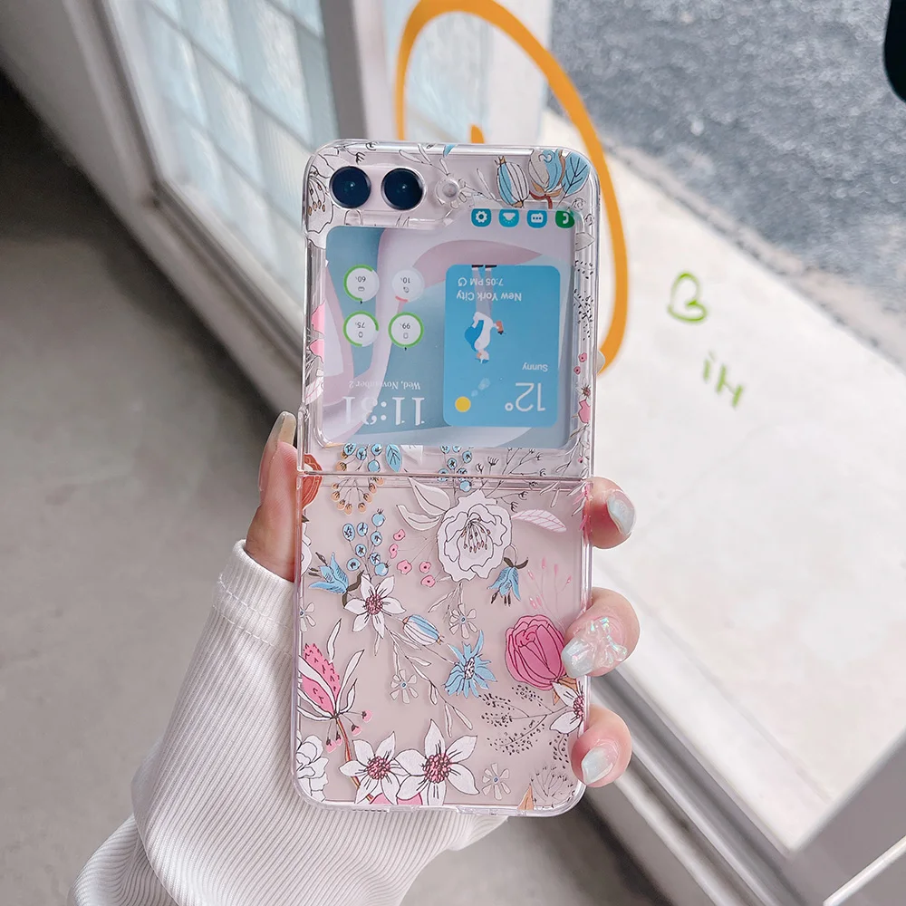 Lark hand painted flowers Phone Case for Samsung Z Flip 5 4 5G Transparent Shockproof Z Flip 3 4 5 5G Funda Coque