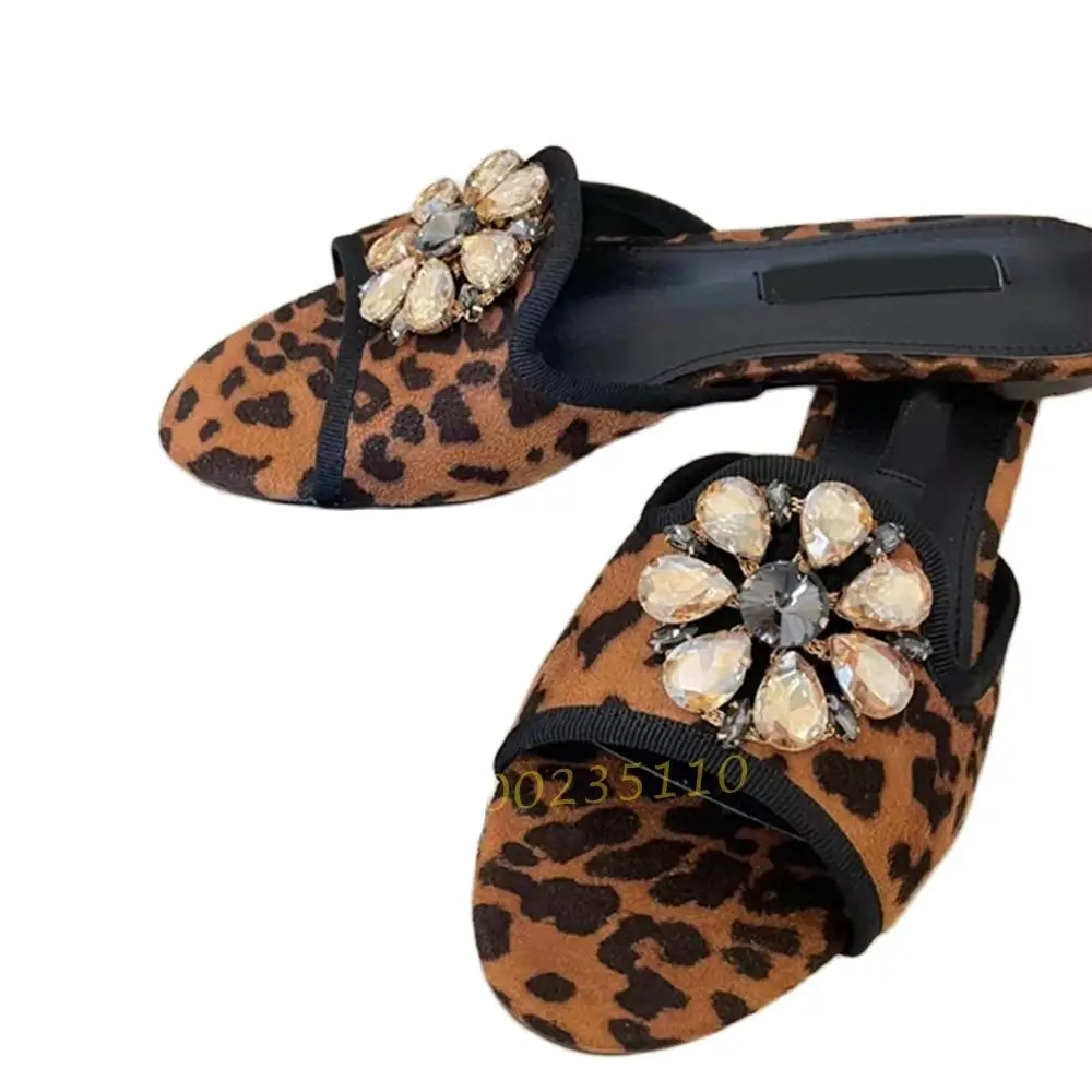 Crystal Flower Leopard Flat Slippers Women Summer Comfy Brown Shoes Sexy Open Toe Rhinestones Slippers Casual New Arrival Shoes