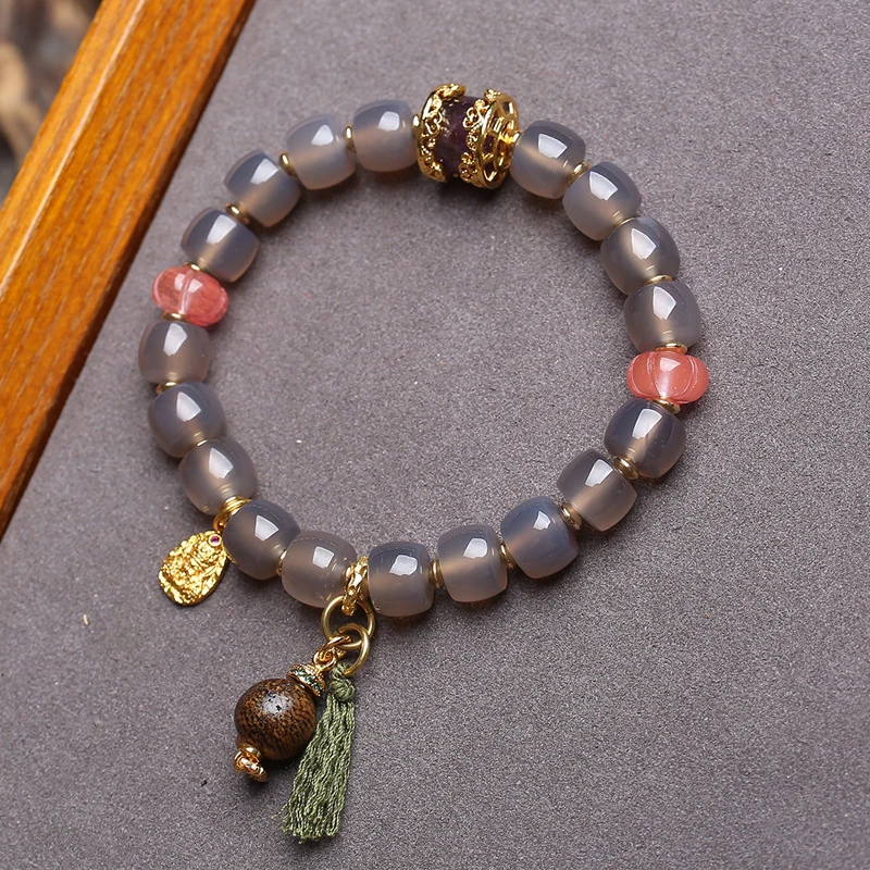 Gray Bracelet Vintage Beads, Agate Three-Faced Buddha Inlaid With A Pendant, And A Purple Cone-Shaped Incense