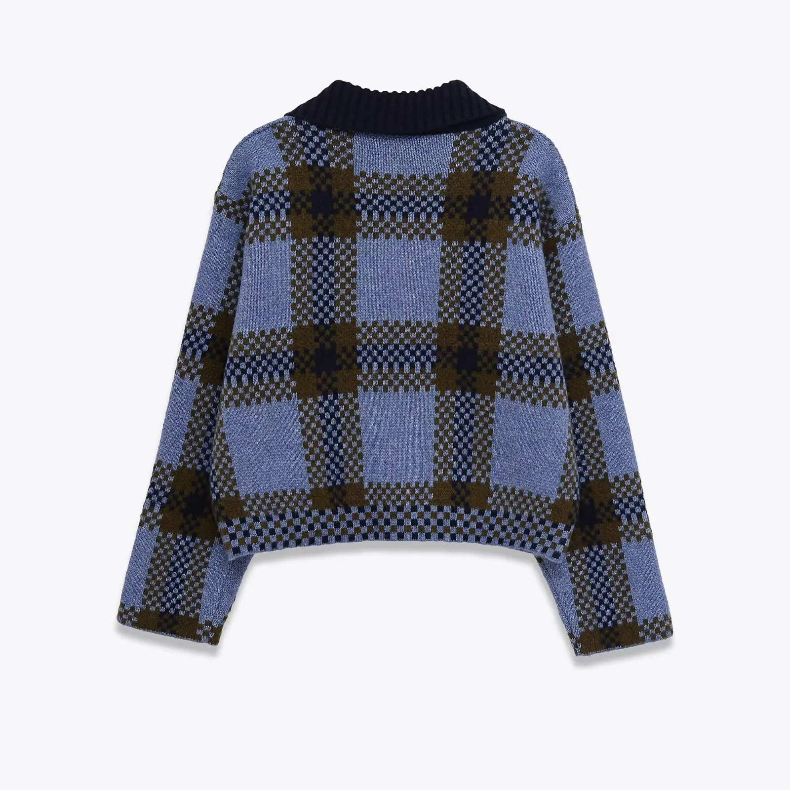 KONDALA Chic 2025 Plaid Blue Women Winter Casual Knitted Outwear Elegant Long Pockets Vintage Fashion Female Elegant Sweater