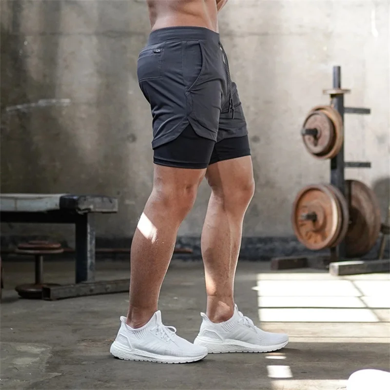 Doppelschichtige Fitness-Shorts für Herren, für Fitness, Fitnessstudio, Training, 2-in-1-Sport-Shorts, schnell trocknend, Workout, Joggen, Doppeldeck, Sommer – Detail 6