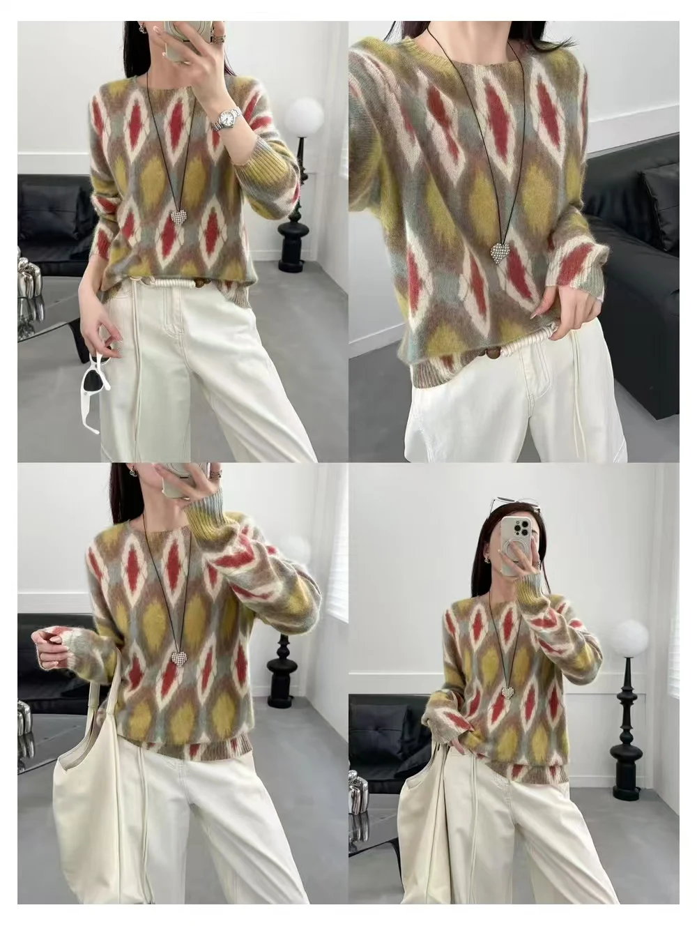 Lazy wind shading color matching 100% pure cashmere sweater brushed cashmere top