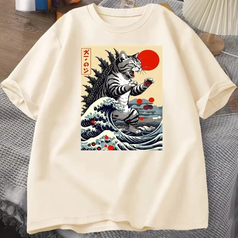 Catzilla Cat Japanese Funny T-shirt for Men Kids Vintage Cartoon Print Casual Comfortable Round Neck Short Sleeved T-shirt Top