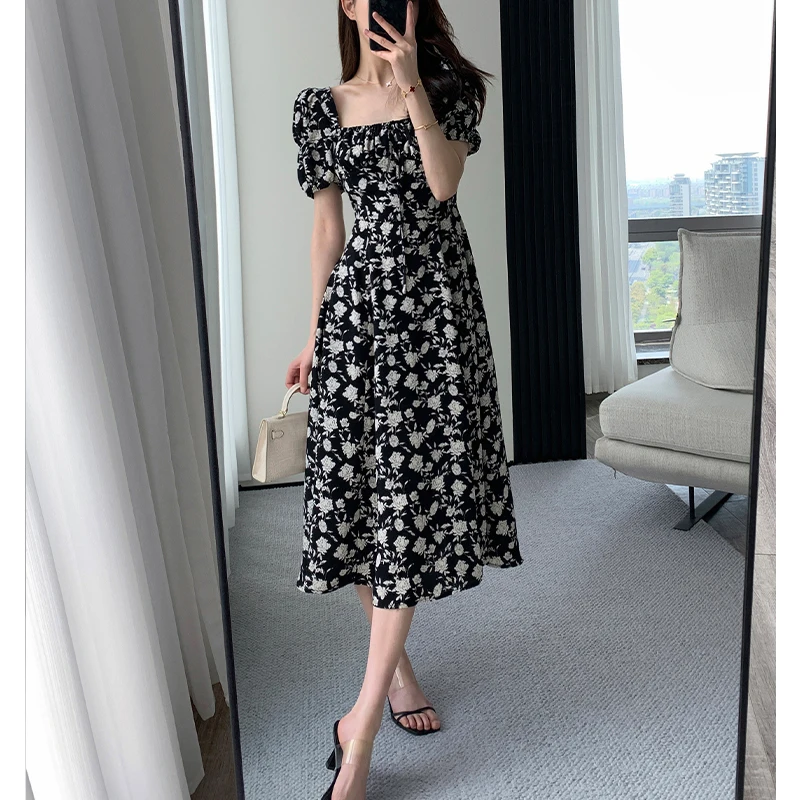 

Floral High Slit Dress Puff Sleeves French Retro Temperament Square Neck Midi Skirt Drawstring Pleated Waist Sexy Dress