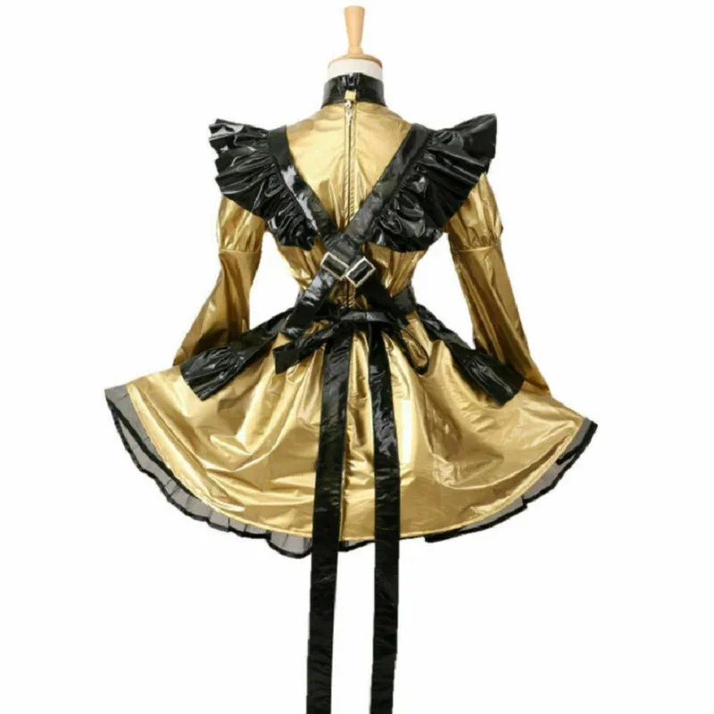 Siassy girl locable maid gold PVC dress uniform fake woman