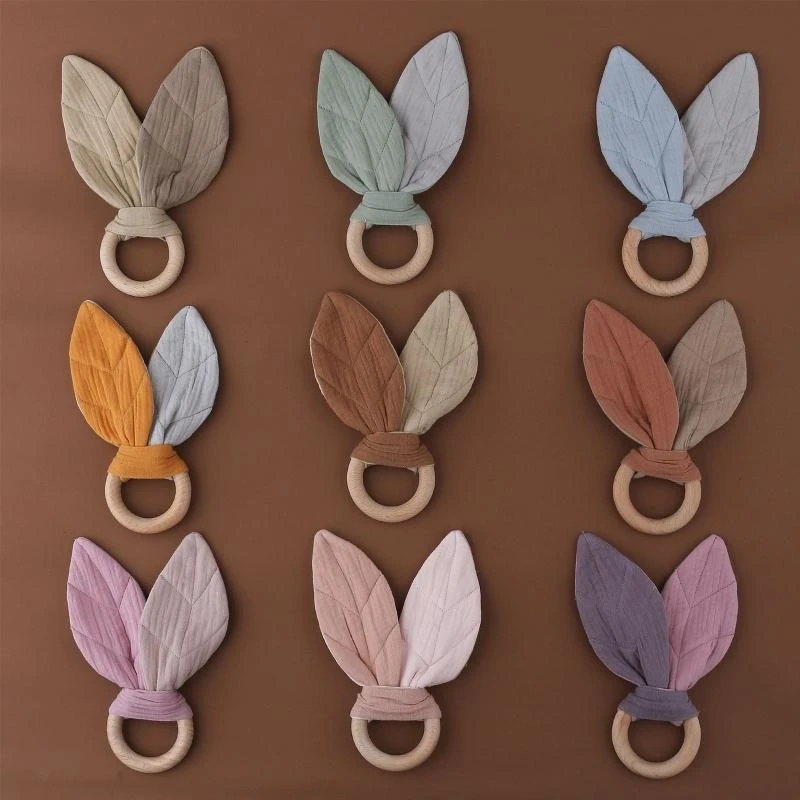 

M76C Christmas Baby Bunny Ear Teething Ring Safety Wooden Teether for Children Kids