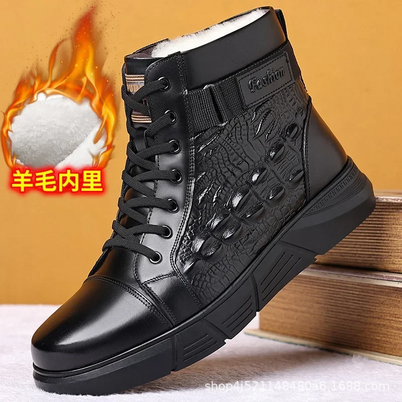 New Winter Luxury Men Ankle Boots Shoes Black Brown Crocodile Printed Zipper Chelsea Genuine Leather Dress Boots Men\'s Shoes