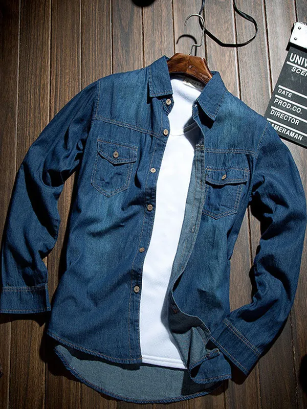 

Long Sve Denim irt Men's Jaet Pure Color Casual Sle Stand Fit Polyester Fiber Autumn Season Collar Button Cl...