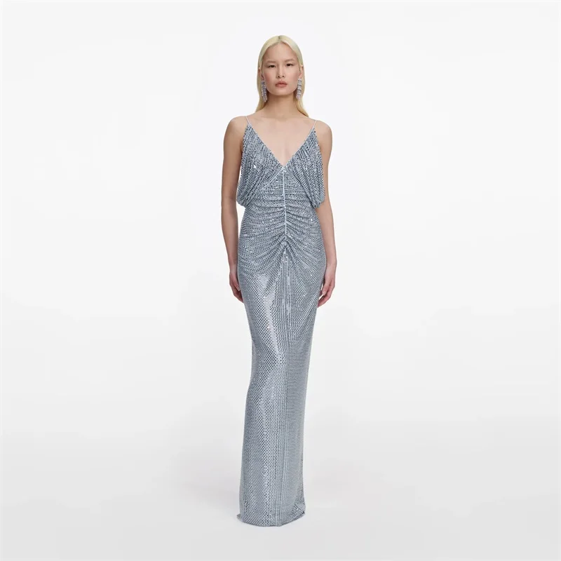 Luxury Crystals Prom Dress Light Blue Sexy V Neck Sleeveless Backless Long Sheath Party Gown Formal Bridal Wedding Birthday Robe