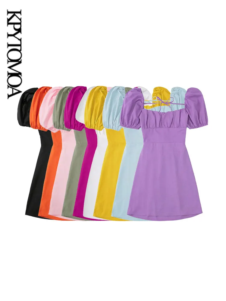 KPYTOMOA Women Fashion Backless With Ties Linen Mini Dress Vintage Square Collar Puff Sleeve Female