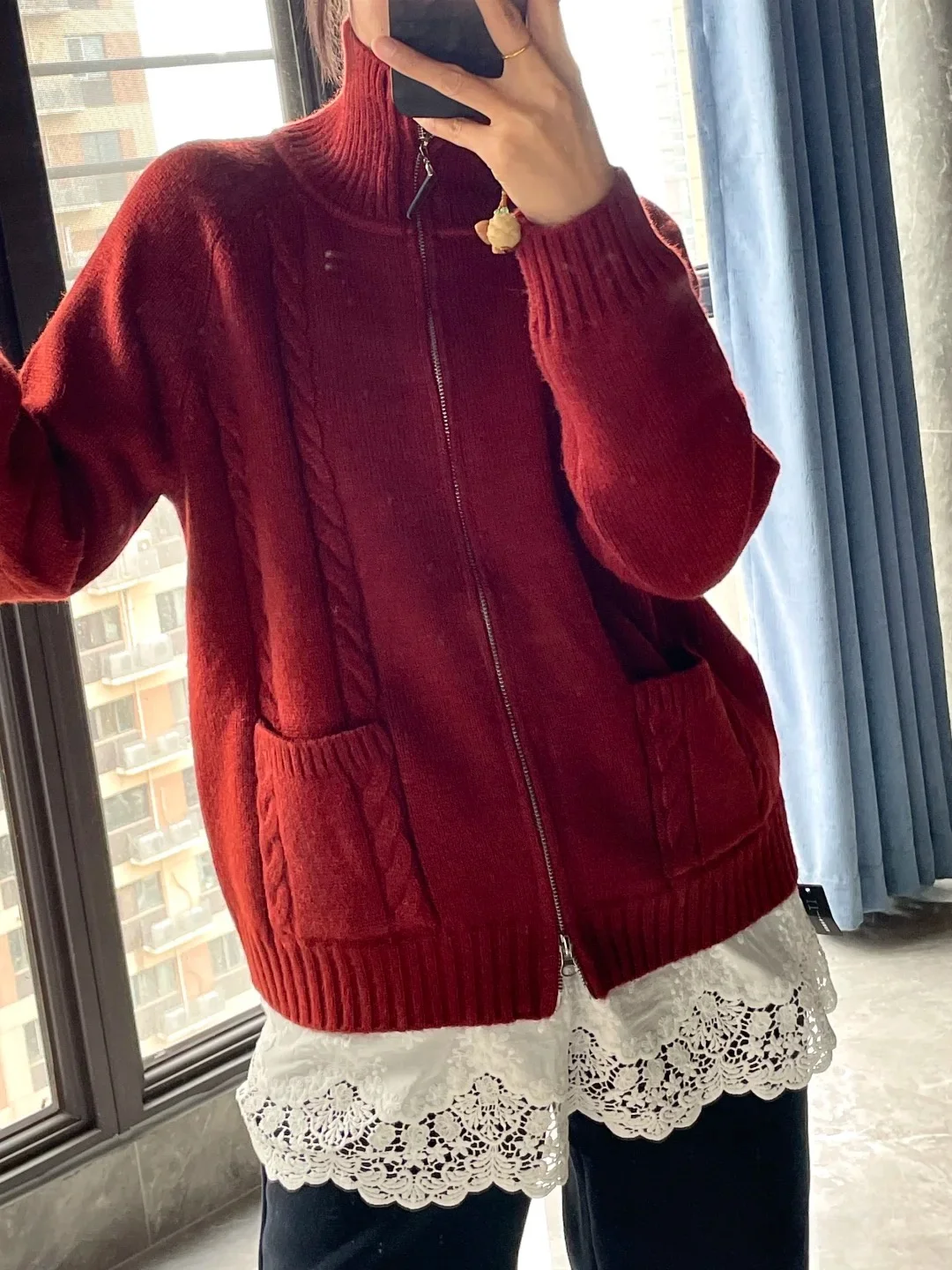 เสื้อไหมพรมถักสองชั้นแบบซิป คอสูง สไตล์เกาหลี สำหรับฤดูใบไม้ร่วงและฤดูหนาว สีพื้น เสื้อคลุมไหมพรมถัก