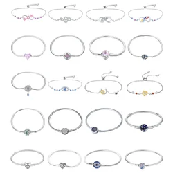Pink Cherry Blossom Blue Eyes Love 925 Sterling Silver Bracelet Sparkly Zircon Bracelet Valentine's Day Gift Jewelry For Ladies