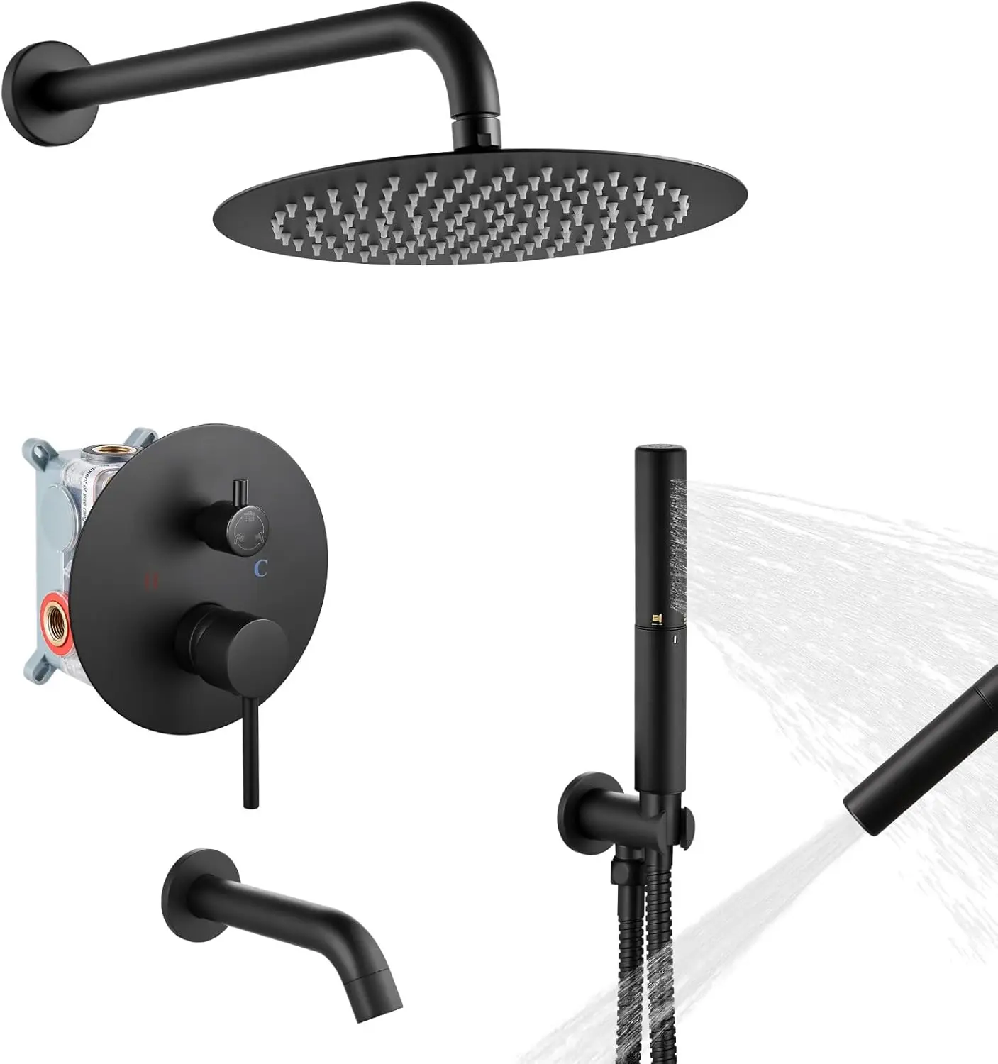 Round Shower System Set with Tub Spout,Wall Mount 3 Function Rain Shower Faucet Set,2 Functions Handheld Shower Tub Spout