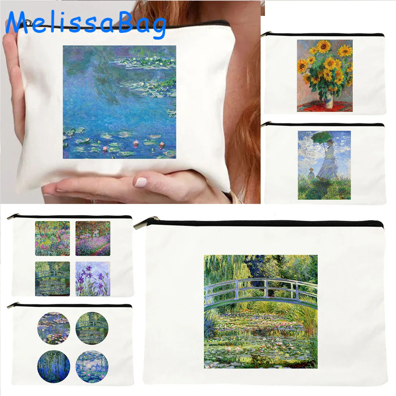 Claude Monet Water Lilies Painting Japanese Bridge Lilac Irises Sunflowers Canvas Cosmetic Bags Makeup Pencil Case Zipper Pouch