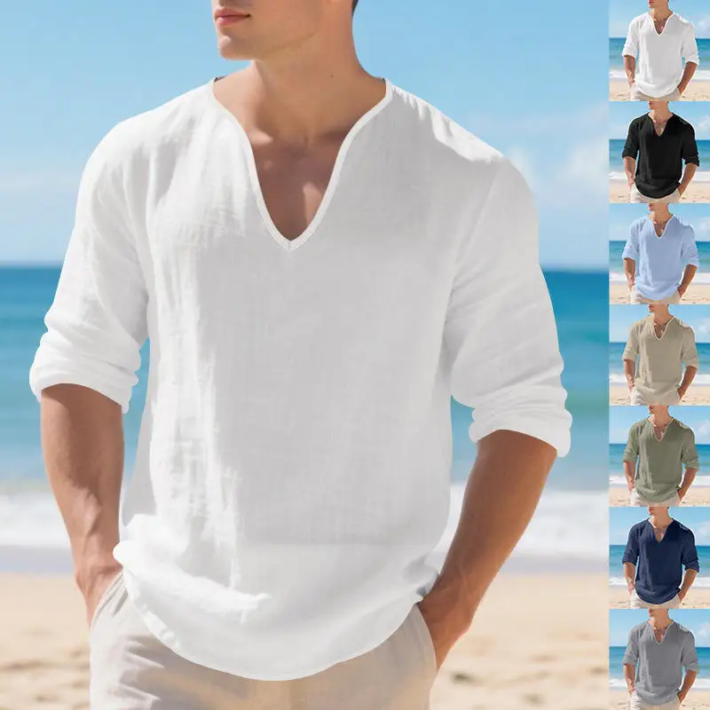 

Loose Cotton Linen Men's Casual Long Sleeve Shirt Pure Color Breathable Base Layer Shirt Comfortable Fit Spring Season Wear