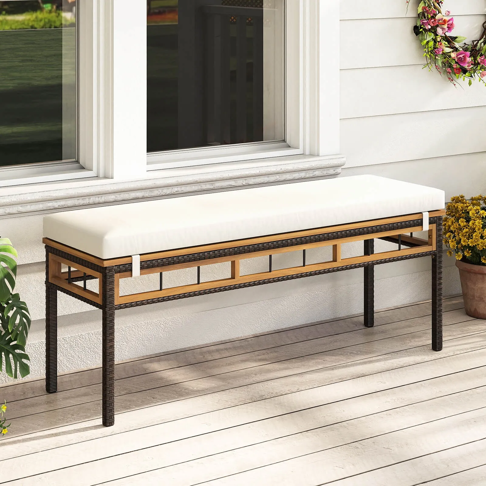 

48" Wicker Patio Bench w/Acacia Wood Seat Removable Padded Cushion for Garden
