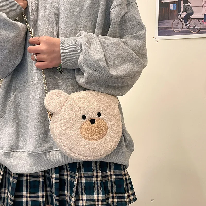 2022 Stuffed Animals  Plush Bear Design Mini Chain Crossbody Bag for Young Girls Cute Female Shoulder Cartoon Round Bag