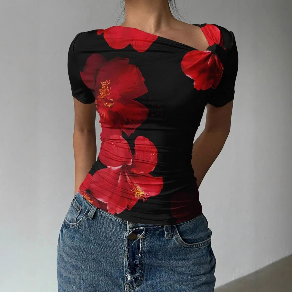T shirt women 2026 fashion new fashion floral print asymmetrical neckline pleated slim short-sleeve tshirt women's clothing