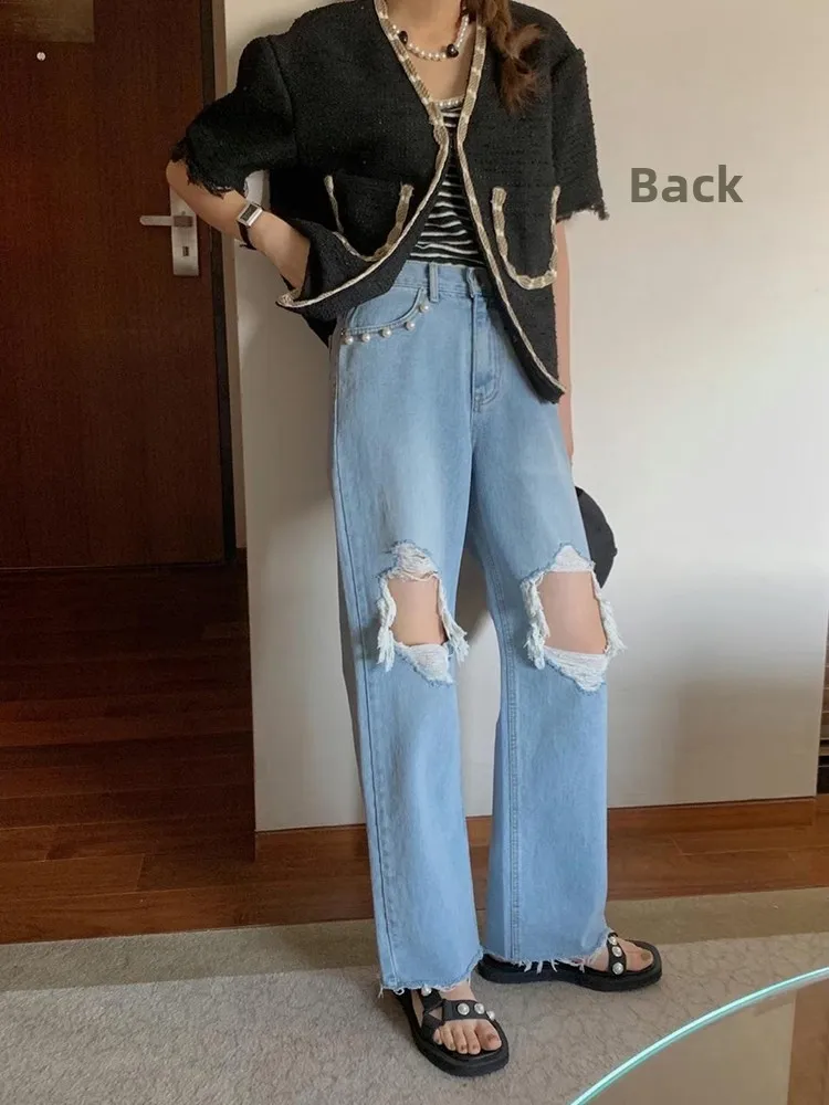 

Новые летние женские прямые джинсы с высокой талией, потертые винтажные брюки, длинные брюки для пикантных девушек