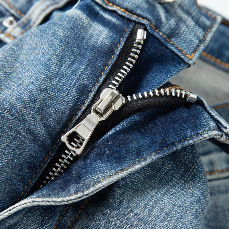 Y2K High Street Fashion New Men's Jeans Washed Nostalgic Stretch Slim Fit Perforated Patch Retro Black Jeans Designer Hip Hop Br