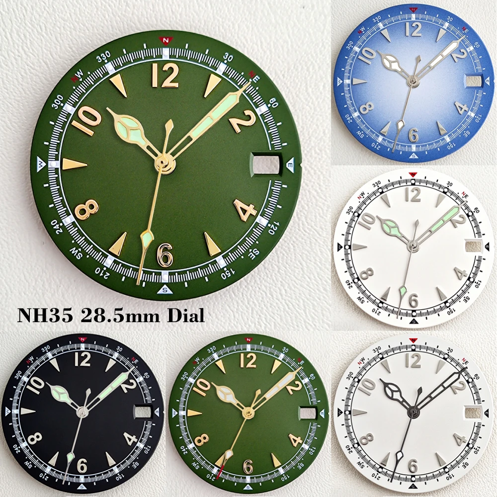SUPER NH35 28.5mm Pilot Watch Dial Fit NH35 NH36 Automatic Movement Watch Modified Parts Green Luminous Customizable Logo Dial
