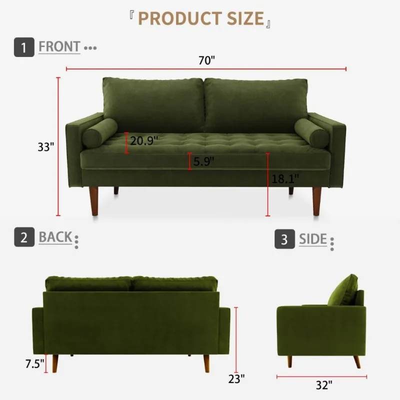 70 Inch Velvet Sofa, Comfy 3 Seater Loveseat Sofa Couch with Tufted Seat, Mid-Century Modern Upholstered with Two Throw Pillows,