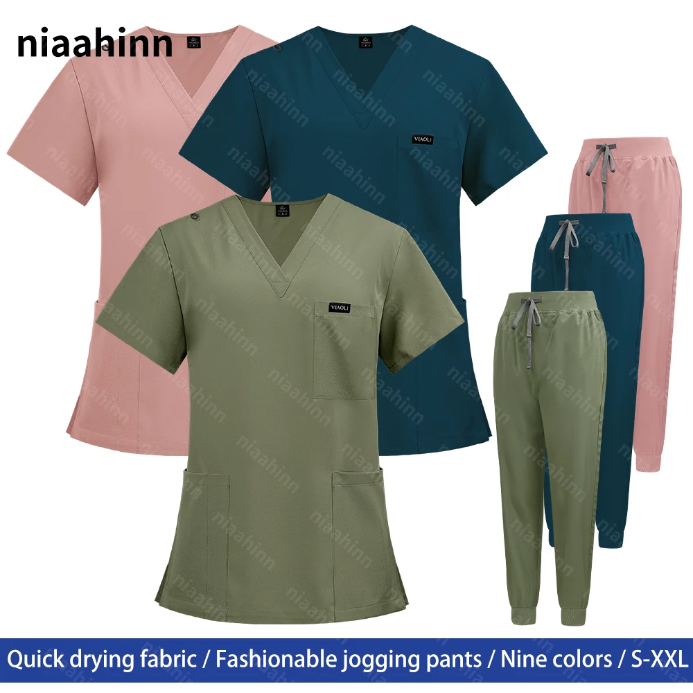 V-neck Adjustable Waist Scrub Pants Short Sleeved Dental Hospital Scrub Uniforms Pet Grooming Doctor Work Clothes Men Scrubs Set