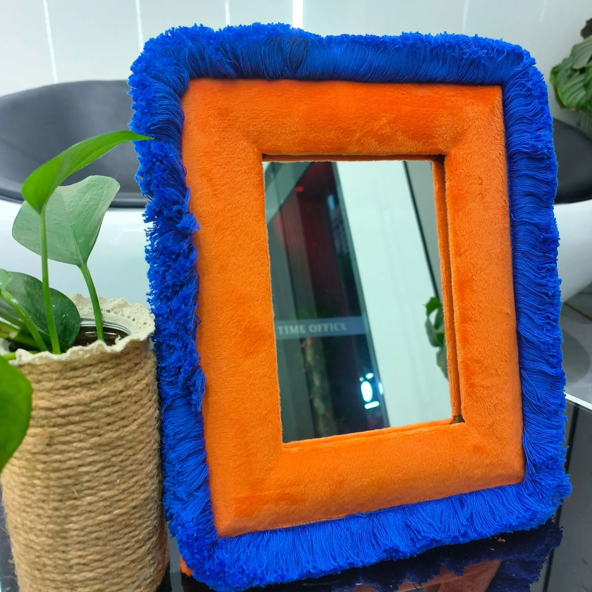 Square Fabric Plush Decorative Mirror Orange Blue Velvet Makeup Mirror Density Board Velvet Cloth Hollow European Double Color