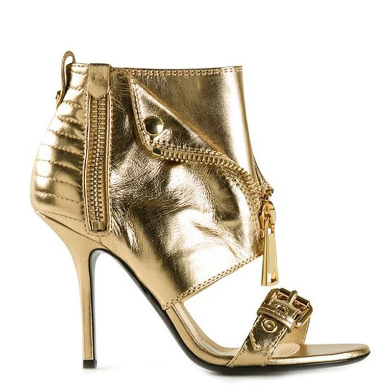 

Stylish Belt Metal Buckle Open Zipper Sandals High Heel Gold Pink Leather Embossed Back Open Toe Gladiator Women Banquet Booties