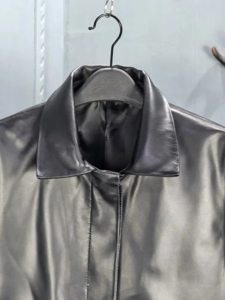 春の女性の本革ジャケットヴィンテージターンダウンカラーリアルシープスキンブラックショートコートシングルブレストカジュアルアウター