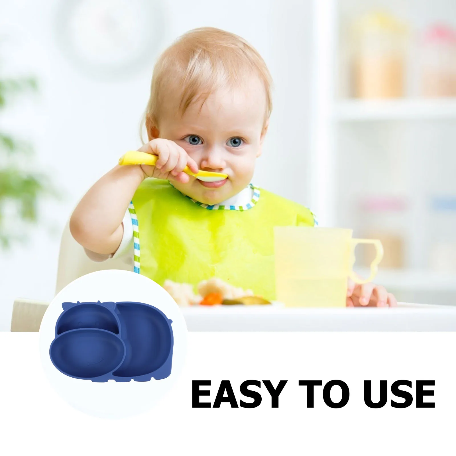 

1pc Silicone Baby Dinner Plate Cartoon Cow 3-Compartment Food Container Portable Leak-Proof Travel Gift for Kids Blue