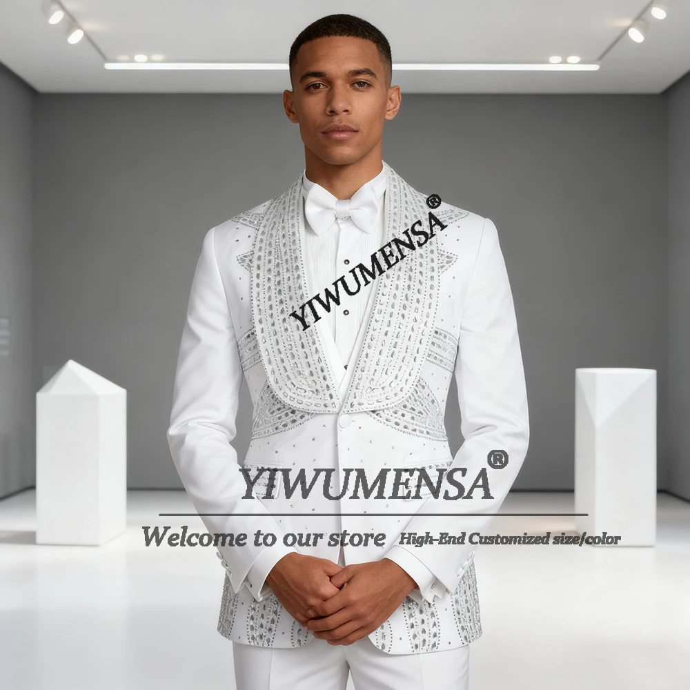 

Brilliant Beaded Stones Suits Men For Wedding Slim Fit 3 Pieces Costume Homme Customized Groom Tuxedos Shawl Lapel Prom Blazers