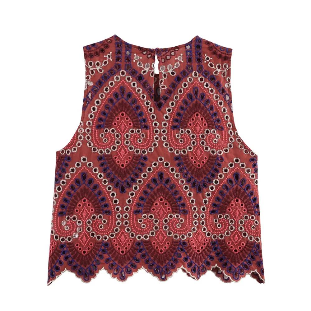 UNIZERA Women's Fashion Hollow Embroidered Round Neck Sleeveless Top Summer New High Waist A-line Half body Long Dress